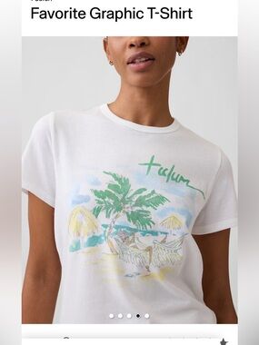 GAP White Short Sleeve Tee with Tropical Beach “Tulum” Graphic | Size Large